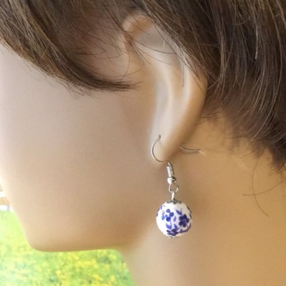 Blue Flower Ball Earrings - Picture 3 of 3